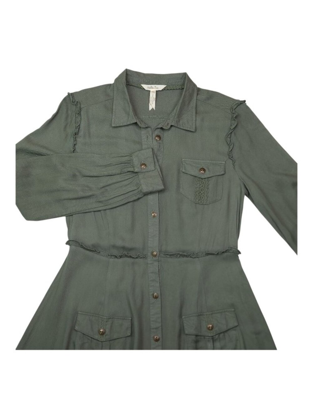 Matilda Jane Womens Green Long Sleeve Button-Up Midi Dress With Pockets Ruffle